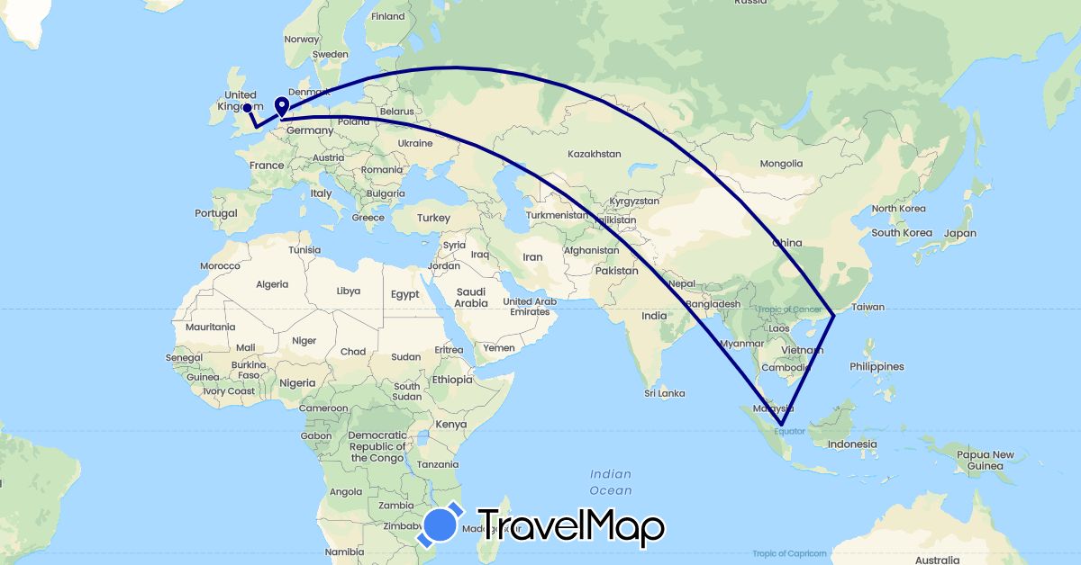 TravelMap itinerary: driving in China, United Kingdom, Netherlands, Singapore (Asia, Europe)